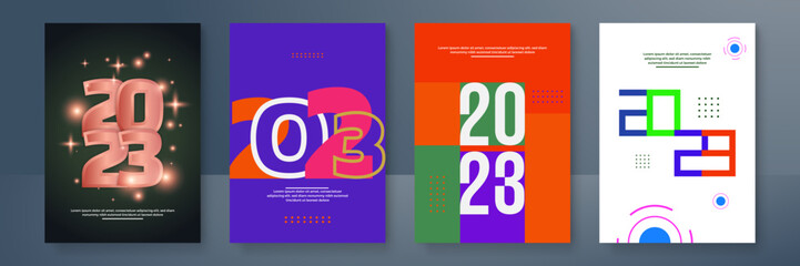 2023 colorful set of Happy New Year poster. Abstract design typography logo 2023 for vector celebration and season decoration, backgrounds, branding, banner, cover, card and or social media template.