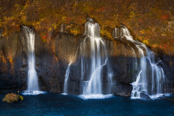 Detail oh Hraunfossar, also named Lava Falls, and Hvita river in autumn, Iceland
