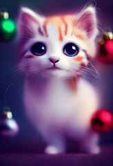 Cute kitten under christmas tree. Christmas kitten illustration. Fluffy cat wearing Santa Claus suit. Cute cat with christmas balls. Kitty with Christmas suit