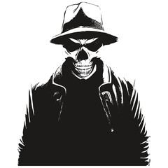 skull with cowboy hat vector hand drawn ,black and white clip art