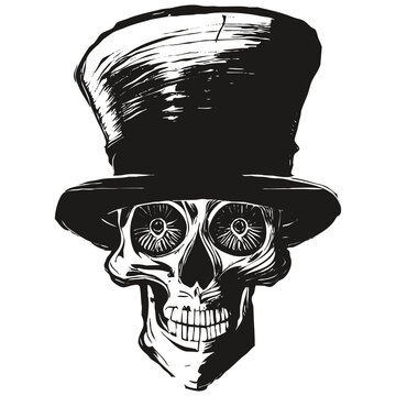 recommend clip art: skull in top hat picture vector hand drawn ,black and white clip art
