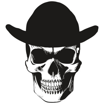 skull with hat image vector hand drawn ,black and white clip art