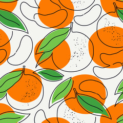 Tangerine, mandarin, orange seamless pattern. Continuous single line citrus fruit motif. One line hand drawn botanic print. Modern minimal doodle linear background. Vector wallpaper