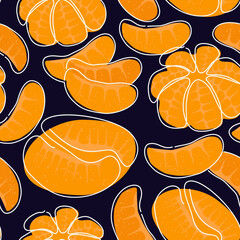 Peeled tangerine, mandarin, orange seamless pattern. Continuous single line citrus fruit and slices motif. One line hand drawn botanic print. Modern minimal doodle background