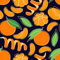 Tangerine, mandarin, orange seamless pattern. Continuous single line citrus fruit motif. One line hand drawn botanic print. Modern minimal doodle linear background. Vector wallpaper