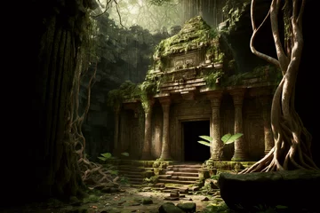 Peel and stick wall murals Place of worship Generative AI illustration of ancient temple ruins in asian jungle