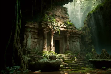 Fotobehang Bedehuis Generative AI illustration of ancient temple ruins in a jungle