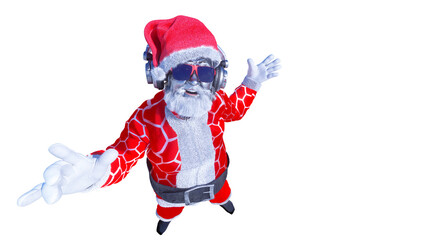 portrait of funy Santa Claus wearing sunglasses and headphones smiling at camera ready to enjoy Christmas party listening to the music  render 3d