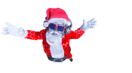portrait of funy Santa Claus wearing sunglasses and headphones smiling at camera ready to enjoy Christmas party listening to the music render 3d