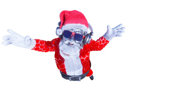 portrait of funy Santa Claus wearing sunglasses and headphones smiling at camera ready to enjoy Christmas party listening to the music  render 3d