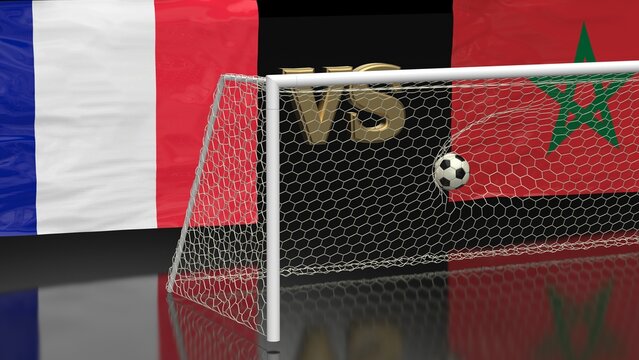 Soccer Ball in the Goal Net with French Republic vs Kingdom of Morocco waving flags. 3D illustration. 3D CG. High resolution.
