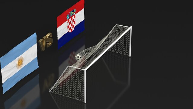 Soccer Ball in the Goal Net with Argentine Republic vs Republic of Croatia waving flags. 3D illustration. 3D CG. High resolution.