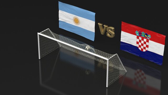 Soccer Ball in the Goal Net with Argentine Republic vs Republic of Croatia waving flags. 3D illustration. 3D CG. High resolution.