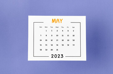 The May 2023 Monthly calendar for 2023 year on purple background.