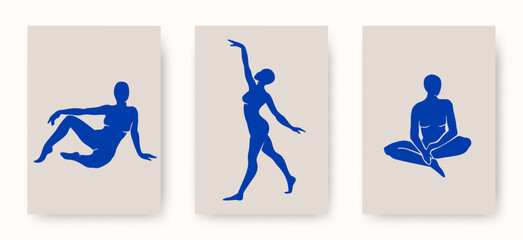 Vector set of abstract trendy Matisse inspired female body figures in various poses. Aesthetic creative illustrations and art posters for print, social media, cover, wall art, poster, logo, pattern