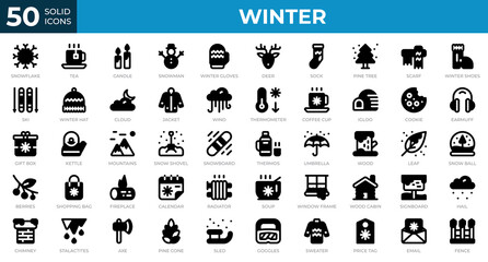 Winter icons in solid style. Snowflake, tea, sweater. Solid icons collection. Holiday symbol. Vector illustration