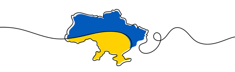 Linear map of Ukraine. One line vector illustration. Continuous country map. With Ukrainian flag colors