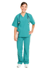 Nurse or young doctor standing smiling isolated cutout PNG on transparent background. Woman medical professional in green scrubs smiling. Mixed race ethnic Chinese Asian and Caucasian female model.