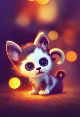 Fluffy cat portrait in the winter with snow. Cute cat with christmas balls. Kitty with Christmas lights. Cute kitten under christmas tree. Christmas kitten illustration