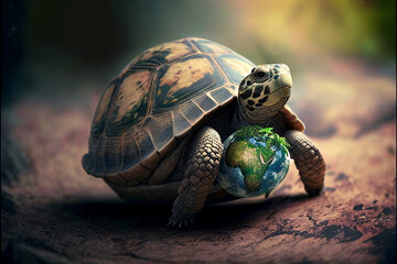 World Turtle ancient myth concept with giant tortoise supporting planet Earth on its back.