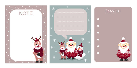 Notes, To Do, Check list decorated templates. Christmas notes with Santa, Deer and Snowman. Printable checklist. Holidays to do, check list for gifts, wish, shopping