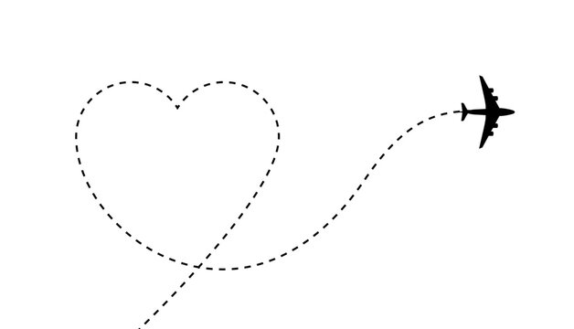 Airplane heart path route shape travel vector destination journey. Airplane heart route path