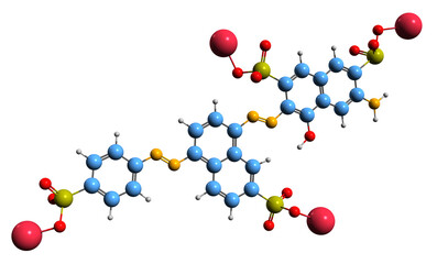  3D image of Black 7984 skeletal formula - molecular chemical structure of Food Black 2 isolated on white background
