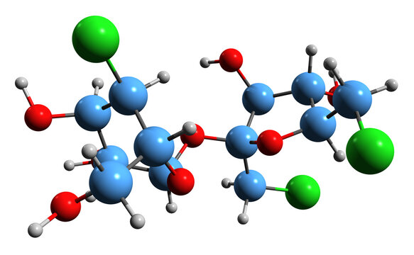  3D image of Sucralose skeletal formula - molecular chemical structure of  artificial sweetener  isolated on white background
