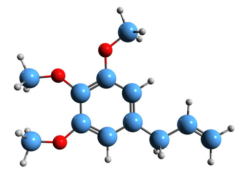  3D image of Elemicin skeletal formula - molecular chemical structure of  phenylpropene isolated on white background

