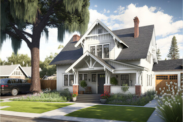 White Craftsman Houses with big trees and flower gardens, AI assisted finalized in Photoshop by me 
