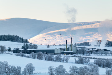 12 December 2022. Glenlivet,Moray,Scotland. This is the Glenlivet Distillery following heavy snow showers and in freezing conditions.