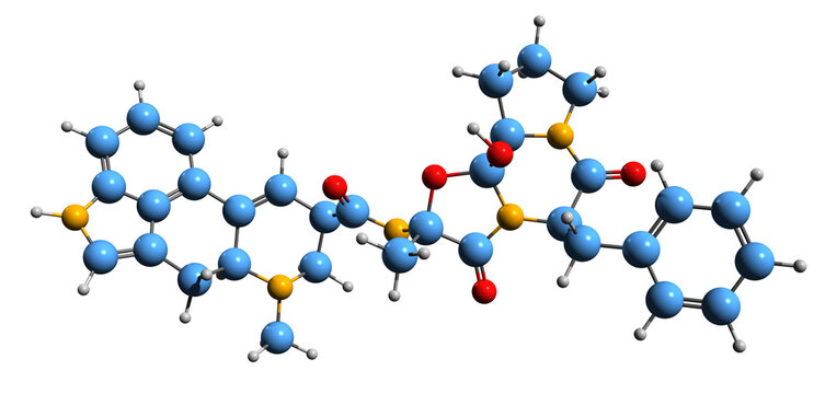  3D image of Ergotamine skeletal formula - molecular chemical structure of  ergopeptine isolated on white background