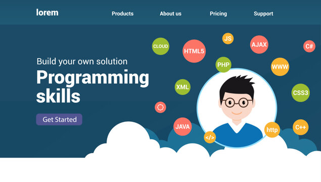 Programmer flat design graphic illustration. Computer geek programming software training website banner concept