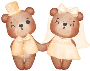 cute teddy bears bride and groom romantic love wedding marry watercolour cartoon character