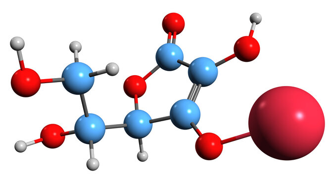  3D image of Sodium erythorbate skeletal formula - molecular chemical structure of  food additive D-Isoascorbate isolated on white background
