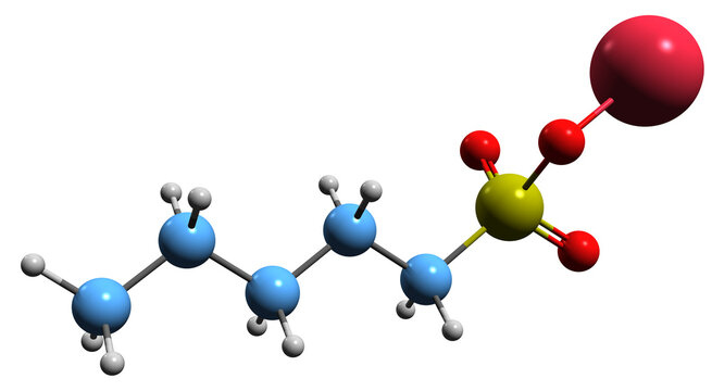  3D image of Sodium pentanesulfonate skeletal formula - molecular chemical structure of Sodium Amylsulfonate isolated on white background