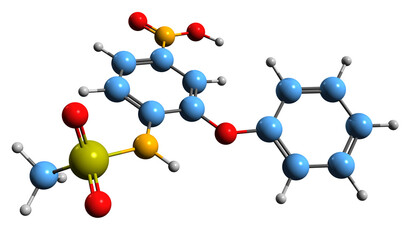  3D image of Nimesulide skeletal formula - molecular chemical structure of  nonsteroidal anti-inflammatory drug isolated on white background