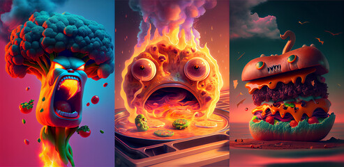 Funny 3d characters design, food in flame, fire burning in the eyes, collection