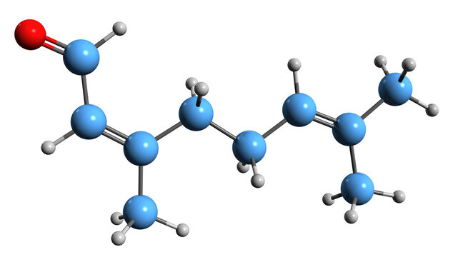  3D image of Citral skeletal formula - molecular chemical structure of geranialdehyde isolated on white background