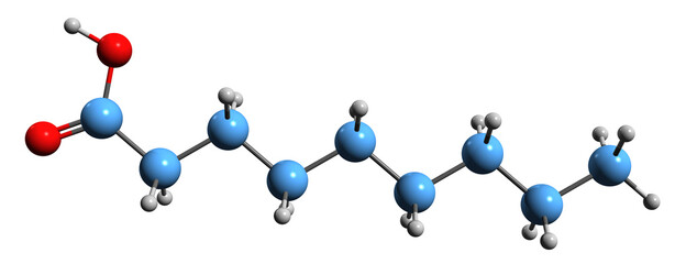  3D image of Pelargonic acid skeletal formula - molecular chemical structure of Nonanoic acid isolated on white background