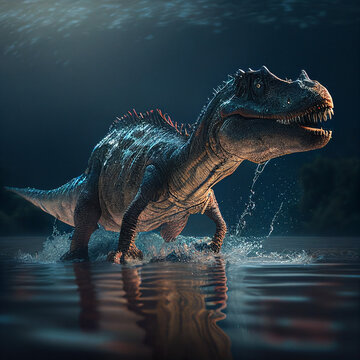 big prehistoric tyrannosaurus dinosaur walks on water, generative AI