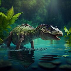 big prehistoric tyrannosaurus dinosaur walks on water in green jungle, generative AI
