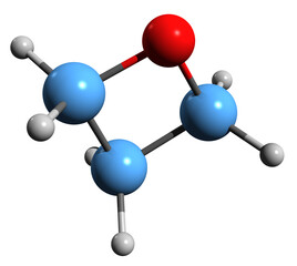  3D image of Oxetane skeletal formula - molecular chemical structure of Oxacyclobutane isolated on white background