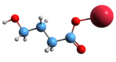  3D image of Sodium oxybate skeletal formula - molecular chemical structure of narcolepsy medication isolated on white background
