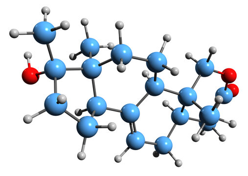  3D image of Oxandrolone skeletal formula - molecular chemical structure of androgen and anabolic steroid isolated on white background