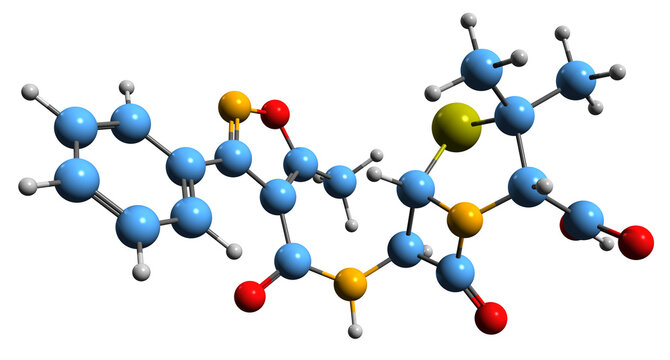  3D image of Oxacillin skeletal formula - molecular chemical structure of  beta-lactam antibiotic isolated on white background
