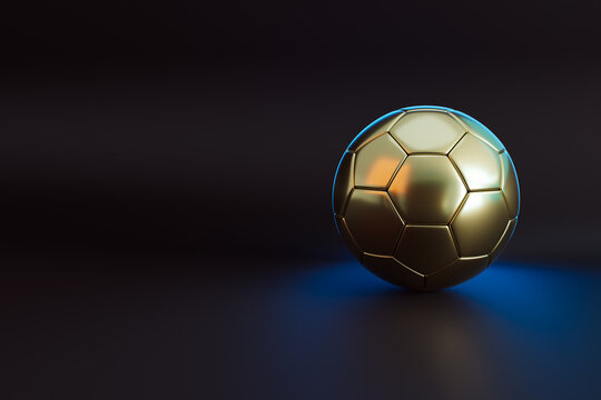 golden soccer ball on dark background, 3d rendering, sports background, soccer competition, world cup, Football championship light background. abstract glowing neon colored soccer ball