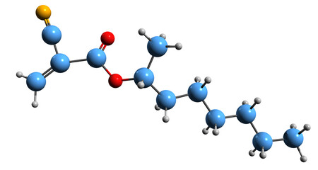  3D image of Octyl cyanoacrylate skeletal formula - molecular chemical structure of Octyl 2-cyanopropenoate isolated on white background
