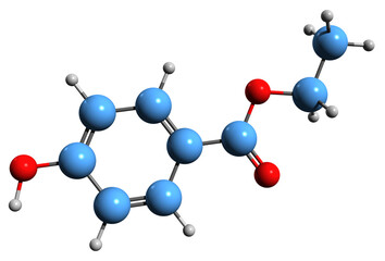  3D image of Ethylparaben skeletal formula - molecular chemical structure of 4-Hydroxybenzoic acid ethyl ester isolated on white background