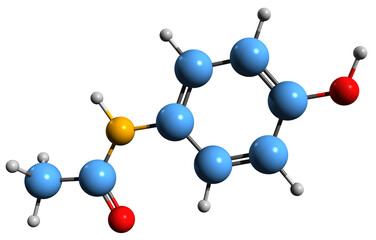 3D image of Paracetamol skeletal formula - molecular chemical structure of acetaminophen isolated on white background - obrazy, fototapety, plakaty